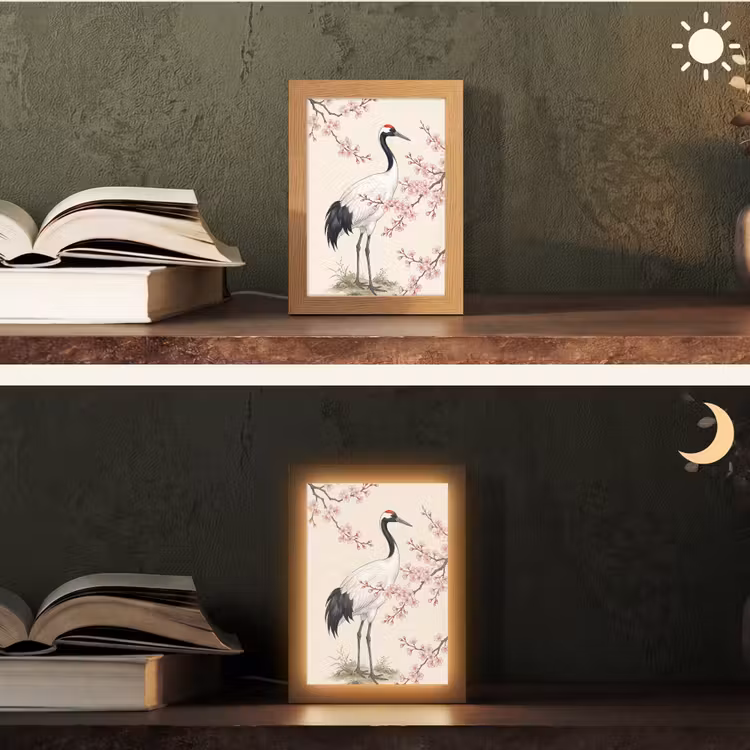 Aziatisch - Kraanvogel - Beige Light Box met kabel (Tafellamp) klein -sfeer3