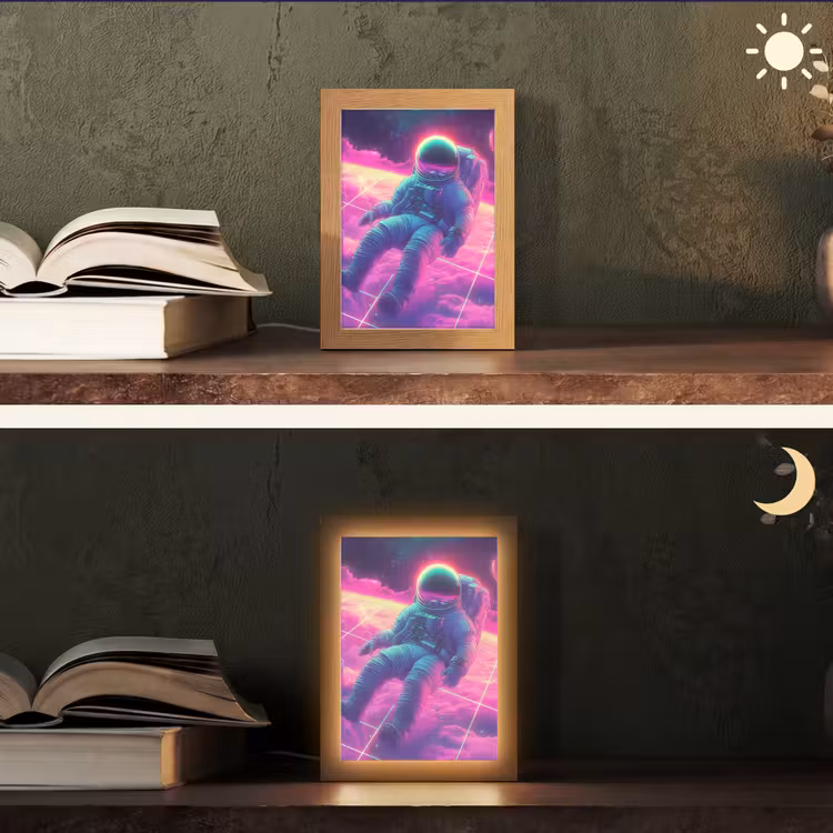 Astronaut - Neon - Roze - Wolken Light Box met kabel (Tafellamp) klein -sfeer3