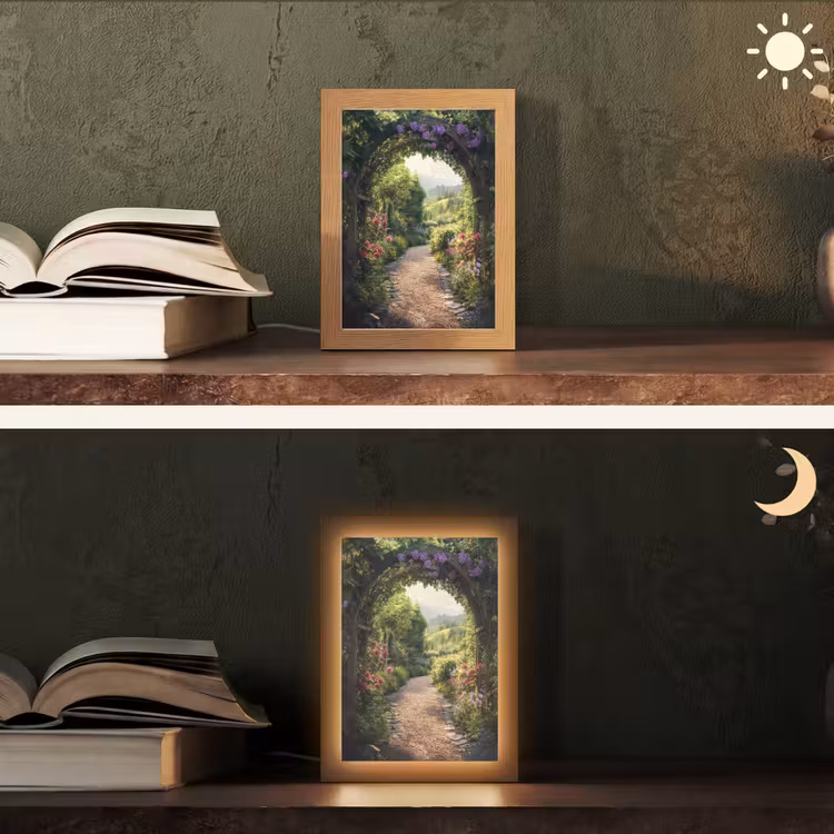 Doorkijk - Landschap - Bloemen - Tuinboog - Natuur Light Box met kabel (Tafellamp) klein -sfeer3