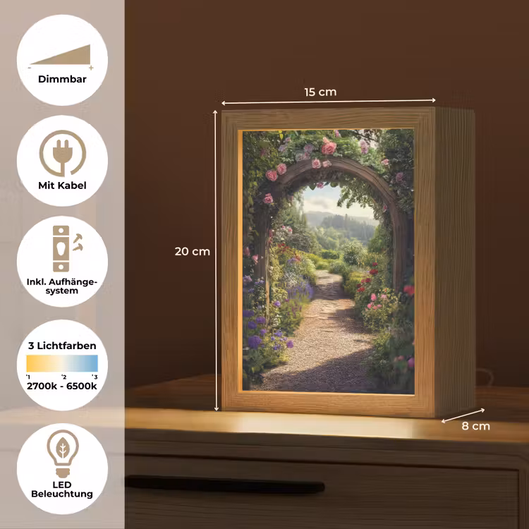 Doorkijk - Landschap - Bloemen - Rozenboog - Natuur Light Box met kabel (Tafellamp) klein -USP_DE