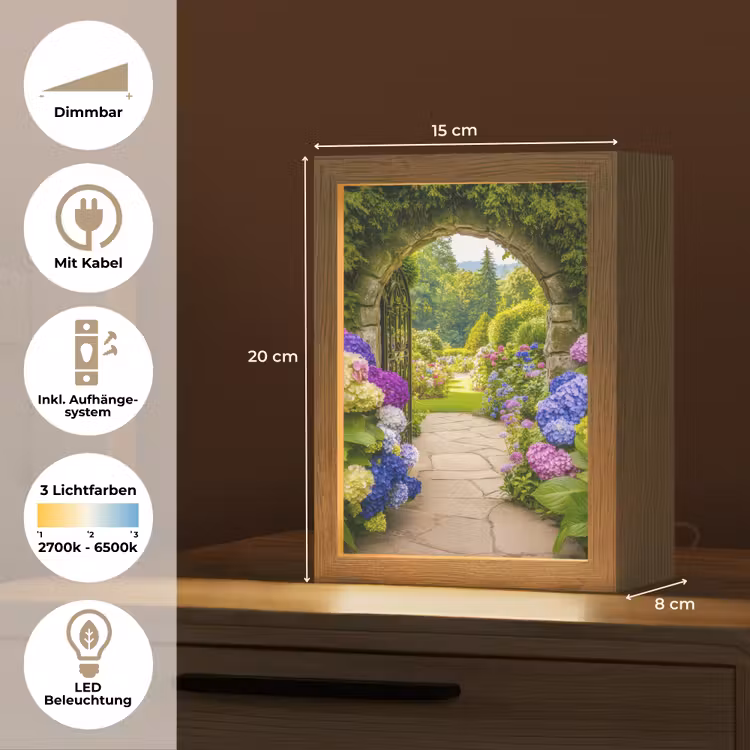 Doorkijk - Poort - Hortensia - Bloementuin Light Box met kabel (Tafellamp) klein -USP_DE