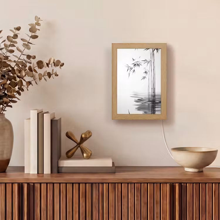 Bamboestammen - Water - Minimalistisch - Wit Light Box met kabel (Tafellamp) klein -sfeer2