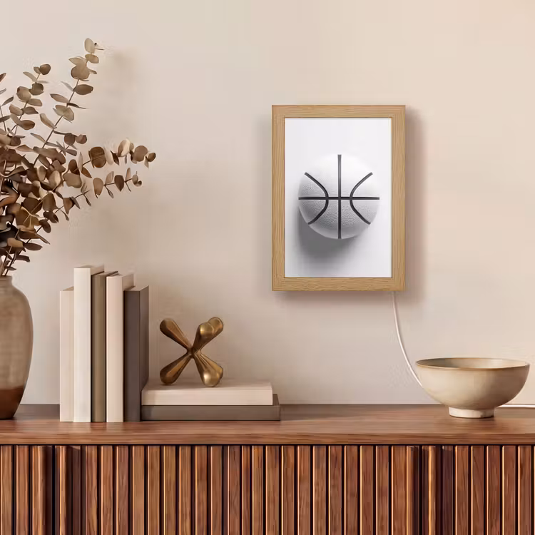 Basketbal - Wit - Schaduw - Lijnen Light Box met kabel (Tafellamp) klein -sfeer2