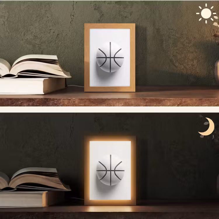 Basketbal - Wit - Schaduw - Lijnen Light Box met kabel (Tafellamp) klein -sfeer3