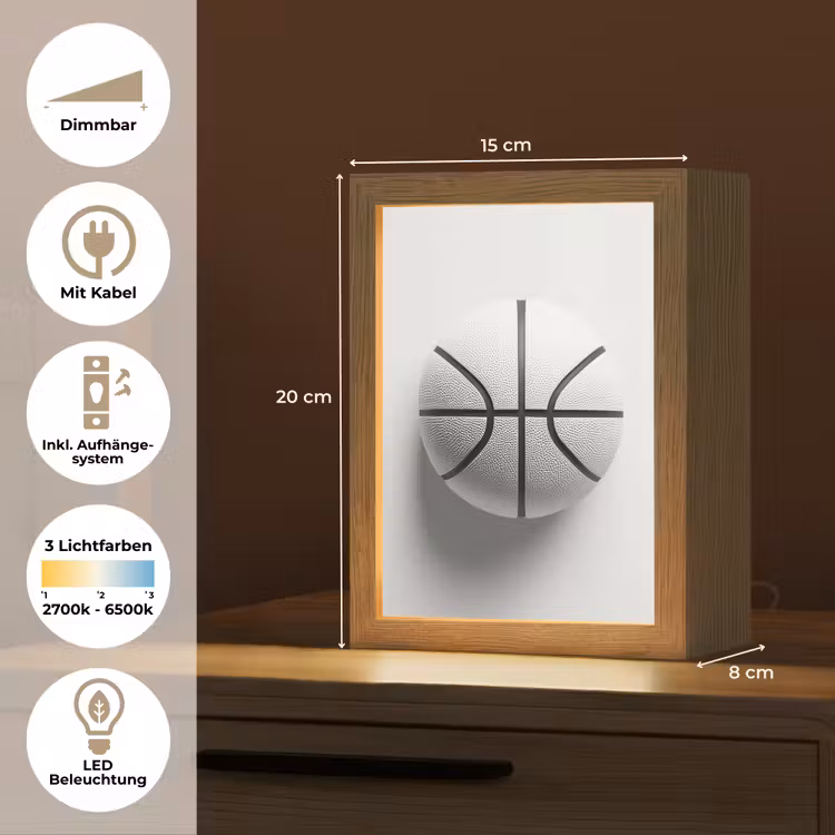 Basketbal - Wit - Schaduw - Lijnen Light Box met kabel (Tafellamp) klein -USP_DE