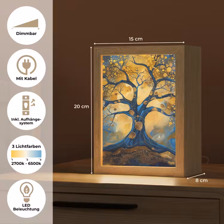 Boom - Levensboom - Blauw - Goud Light Box met kabel (Tafellamp) klein -USP_DE