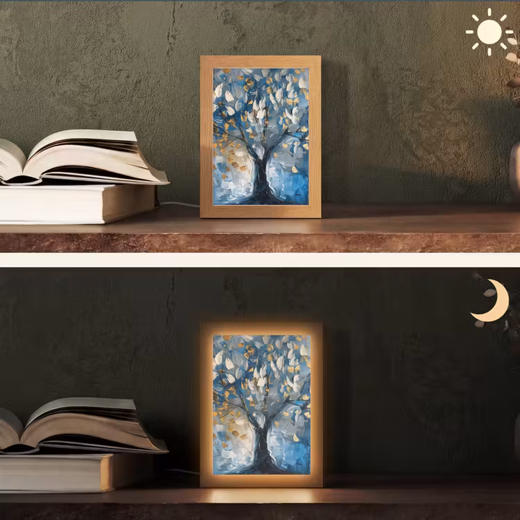 Boom - Blauw - Goud - Abstract Light Box met kabel (Tafellamp) klein -sfeer3
