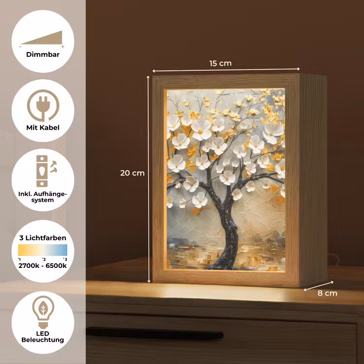 Boom - Bloemen - Goud - Beige Light Box met kabel (Tafellamp) klein -USP_DE
