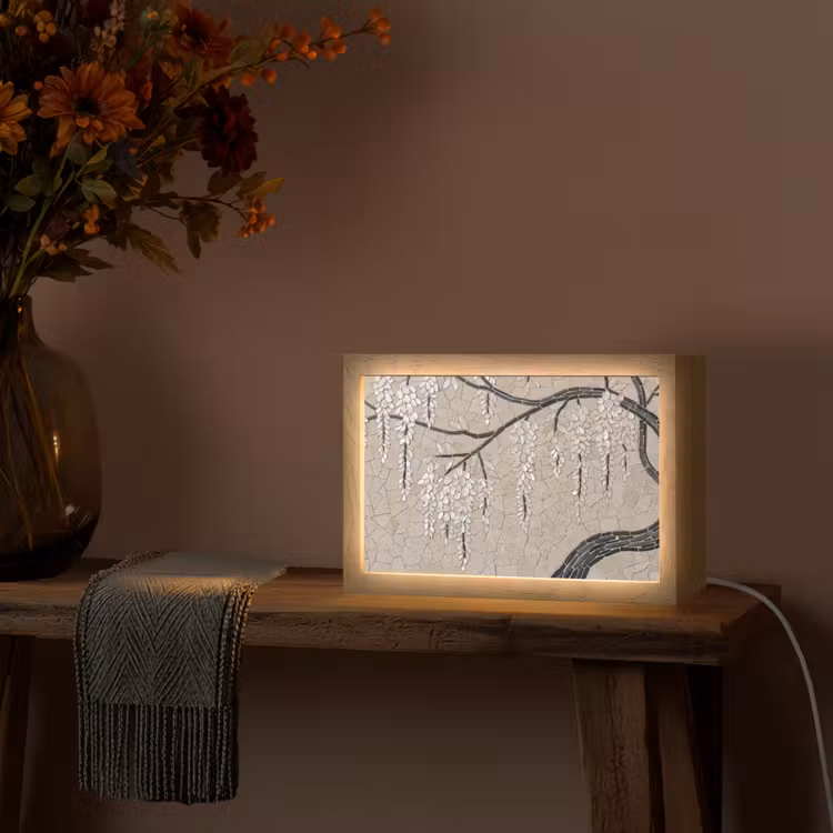 Boom - Bloemen - Mozaïek - Kunst - Wit Light Box met kabel (Tafellamp) klein -sfeer4