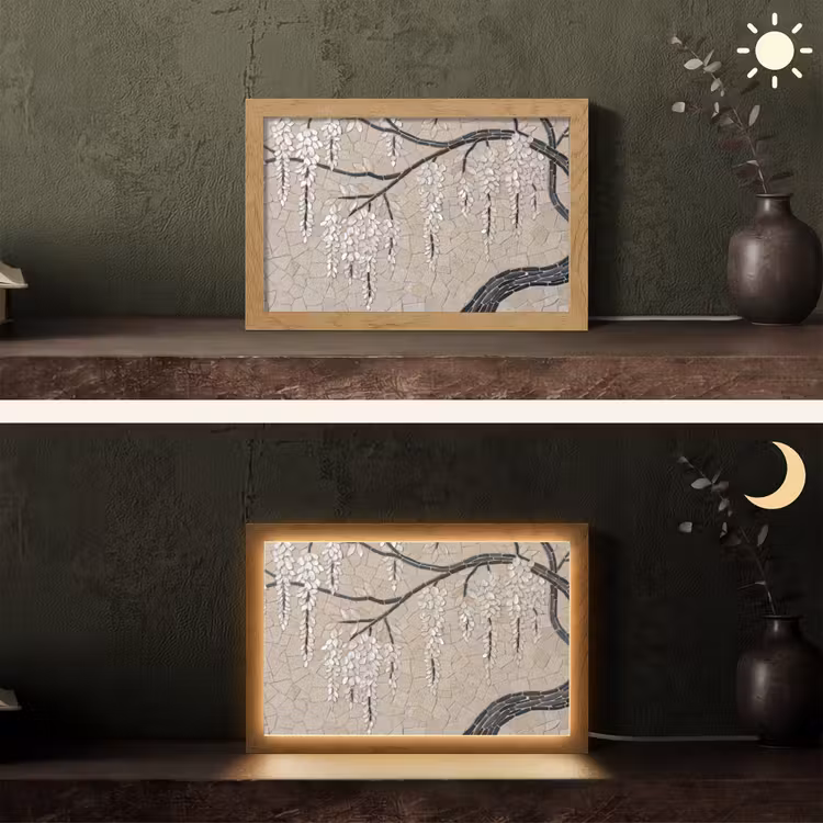 Boom - Bloemen - Mozaïek - Kunst - Wit Light Box met kabel (Tafellamp) klein -sfeer3