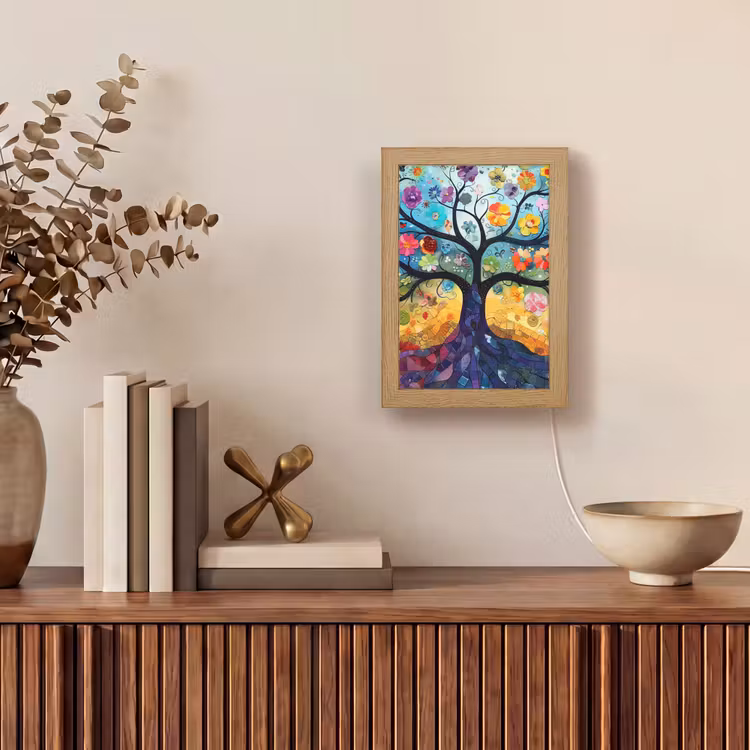 Boom - Kleurrijk - Bloemen - Kunst - Abstract Light Box met kabel (Tafellamp) klein -sfeer2