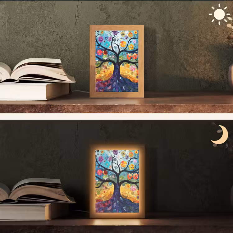 Boom - Kleurrijk - Bloemen - Kunst - Abstract Light Box met kabel (Tafellamp) klein -sfeer3