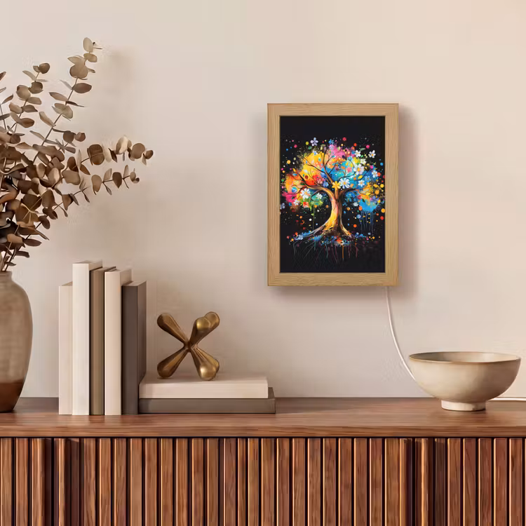 Boom - Kleurrijk - Bloemen - Zwart Light Box met kabel (Tafellamp) klein -sfeer2
