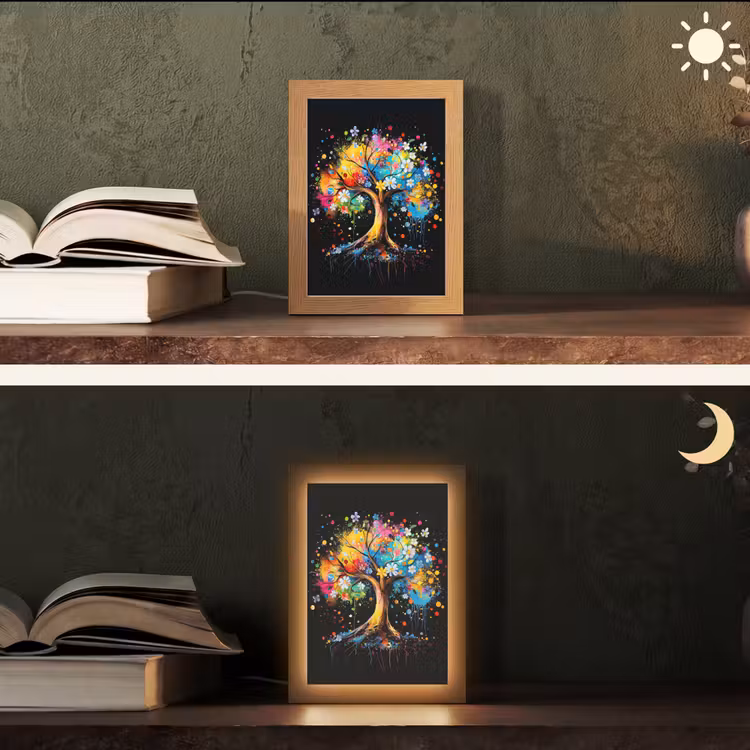 Boom - Kleurrijk - Bloemen - Zwart Light Box met kabel (Tafellamp) klein -sfeer3