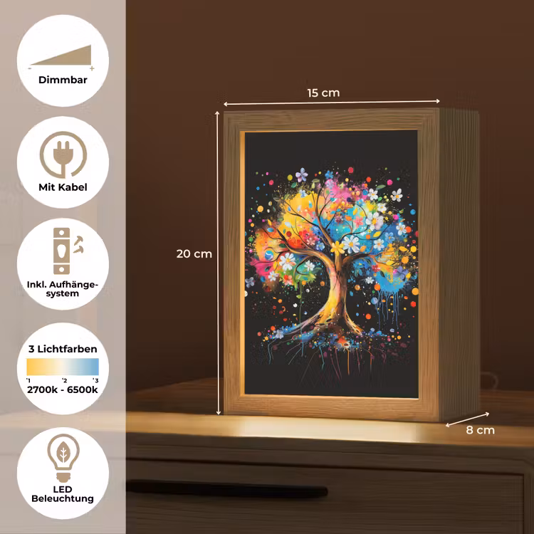 Boom - Kleurrijk - Bloemen - Zwart Light Box met kabel (Tafellamp) klein -USP_DE