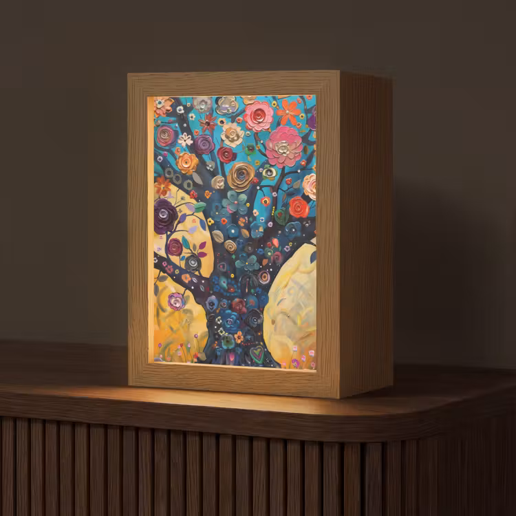 Boom - Levensboom - Kleurrijk - Bloemen - Modern Light Box met kabel (Tafellamp) klein -z3d_website
