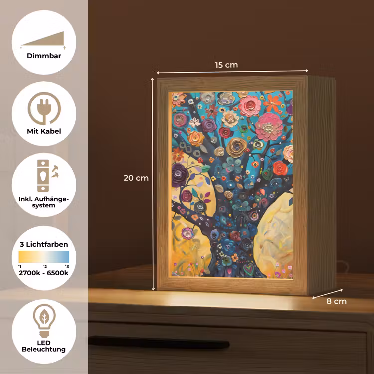 Boom - Levensboom - Kleurrijk - Bloemen - Modern Light Box met kabel (Tafellamp) klein -USP_DE