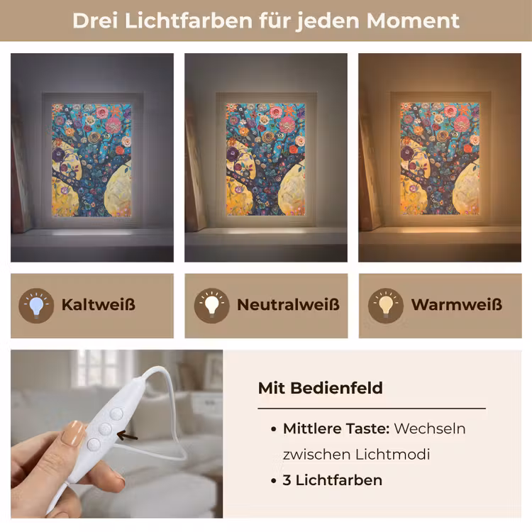 Boom - Levensboom - Kleurrijk - Bloemen - Modern Light Box met kabel (Tafellamp) klein -USP_lichtkleurDE