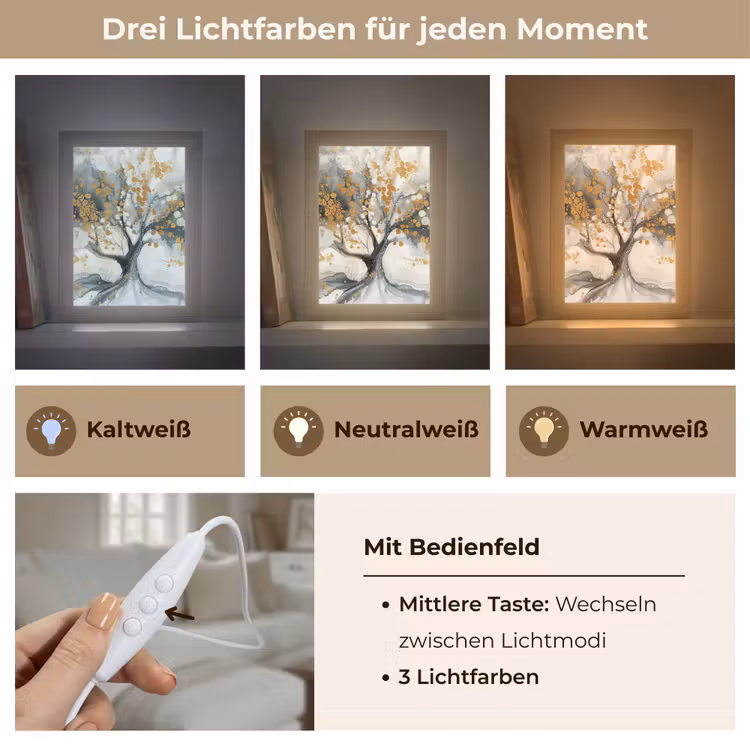 Boom - Modern - Abstract - Goud - Zwart - Wit Light Box met kabel (Tafellamp) klein -USP_lichtkleurDE