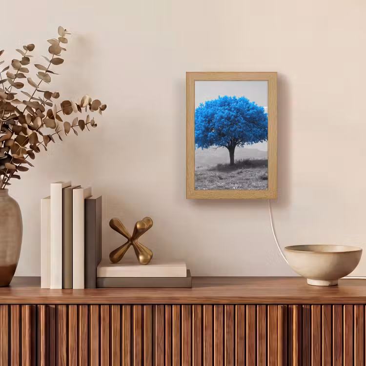 Boom - Natuur - Blauw - Zwart wit Light Box met kabel (Tafellamp) klein -sfeer2
