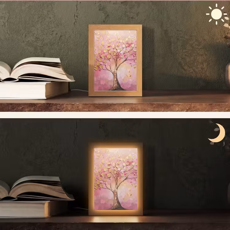 Boom - Roze - Goud - Modern Light Box met kabel (Tafellamp) klein -sfeer3