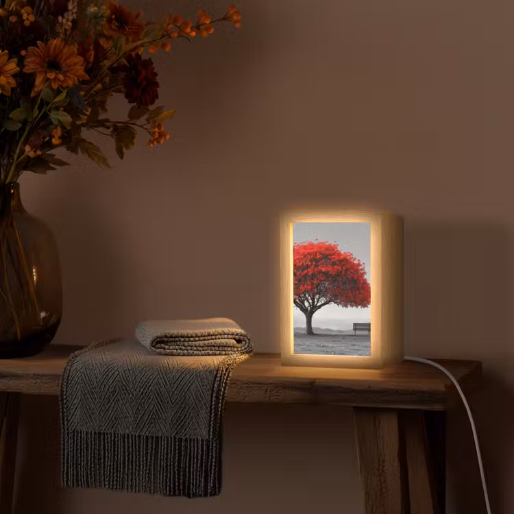 Boom - Rood - Natuur - Zwart wit Light Box met kabel (Tafellamp) klein -sfeer4