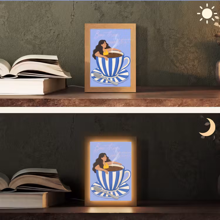 Mok - Koffie - Vrouw - Paars Light Box met kabel (Tafellamp) klein -sfeer3