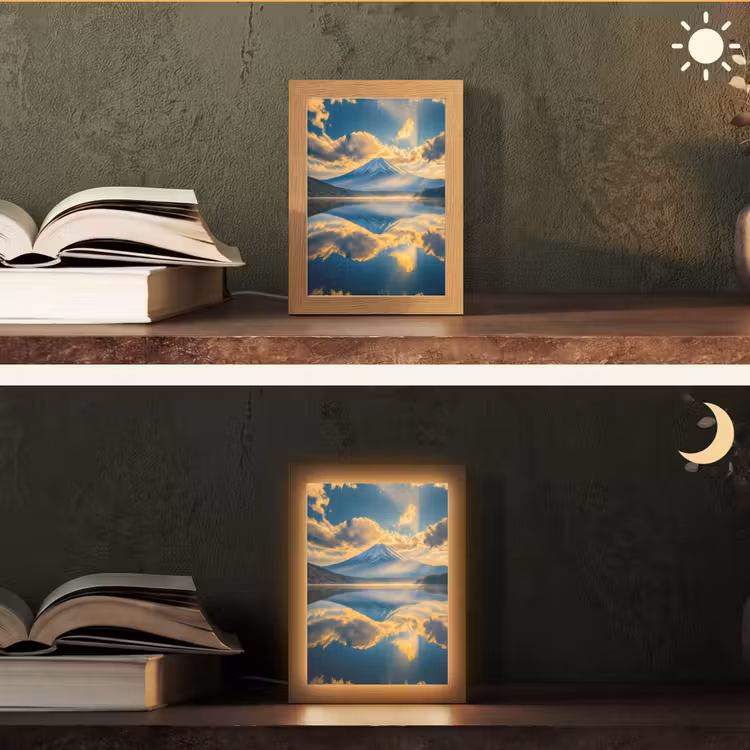Berg - Rivier - Zonsondergang Light Box met kabel (Tafellamp) klein -sfeer3