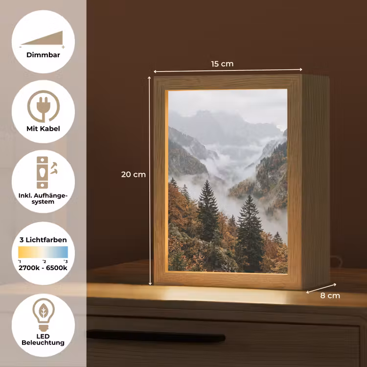 Bergen - Vallei - Mist - Herfst - Natuur Light Box met kabel (Tafellamp) klein -USP_DE