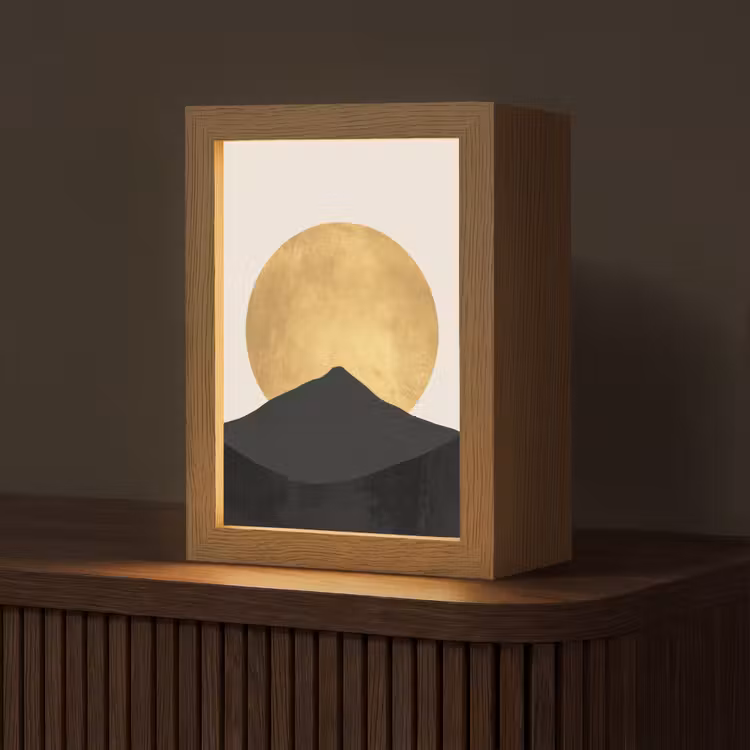 Bergsilhouetten - Gouden cirkel - Beige Light Box met kabel (Tafellamp) klein -z3d_website