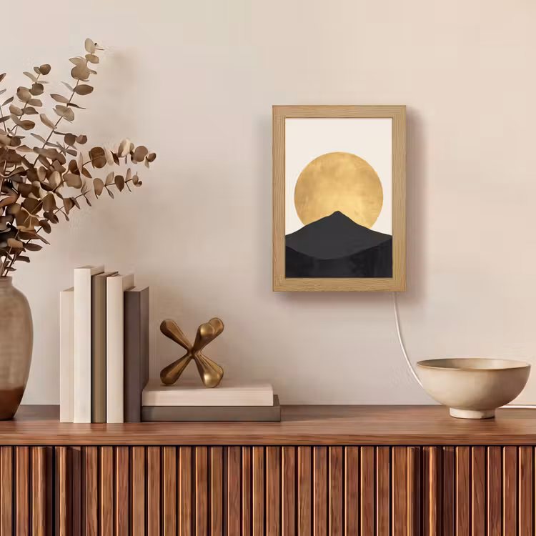 Bergsilhouetten - Gouden cirkel - Beige Light Box met kabel (Tafellamp) klein -sfeer2