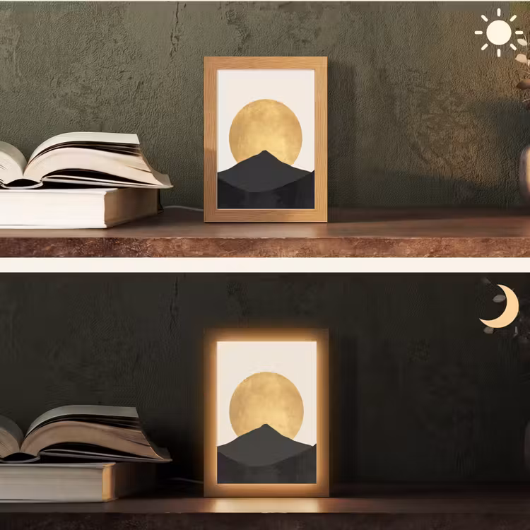Bergsilhouetten - Gouden cirkel - Beige Light Box met kabel (Tafellamp) klein -sfeer3