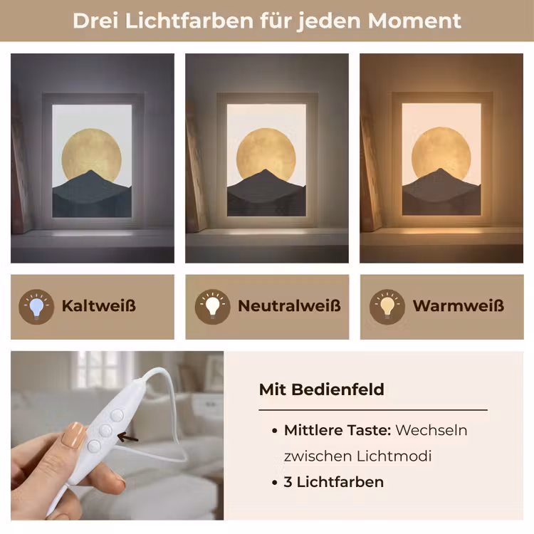 Bergsilhouetten - Gouden cirkel - Beige Light Box met kabel (Tafellamp) klein -USP_lichtkleurDE