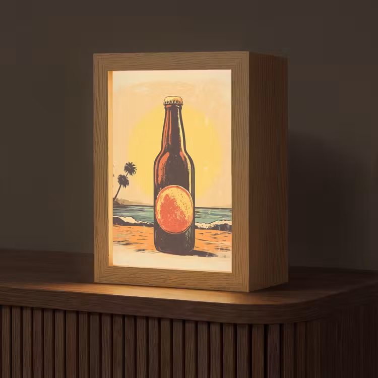 Bierfles - Zonsondergang - Palmbomen - Zee Light Box met kabel (Tafellamp) klein -z3d_website