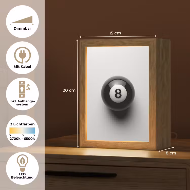 Biljartbal - Getal - Acht - Wit Light Box met kabel (Tafellamp) klein -USP_DE