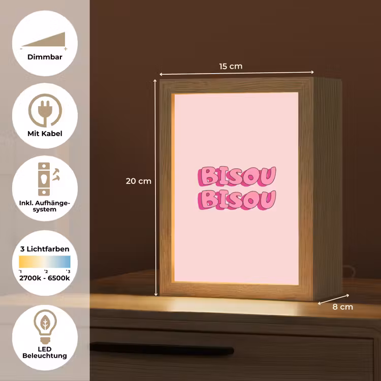 Bisou - Roze - Schaduw Light Box met kabel (Tafellamp) klein -USP_DE