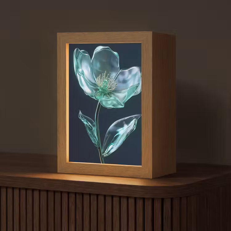 Bladeren - Bloem - Glazen - Donkerblauw Light Box met kabel (Tafellamp) klein -z3d_website