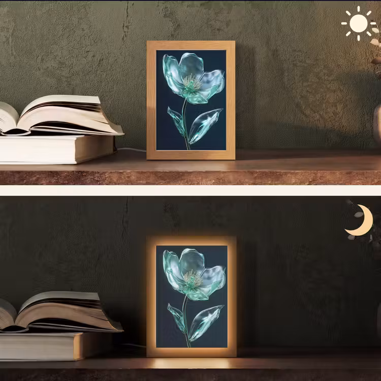 Bladeren - Bloem - Glazen - Donkerblauw Light Box met kabel (Tafellamp) klein -sfeer3