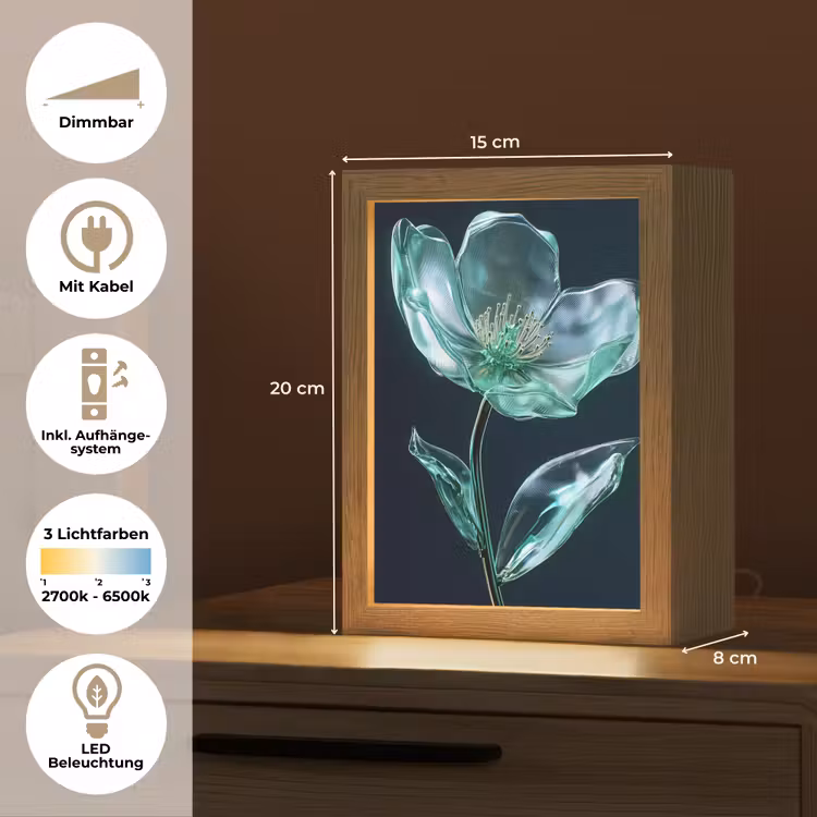 Bladeren - Bloem - Glazen - Donkerblauw Light Box met kabel (Tafellamp) klein -USP_DE