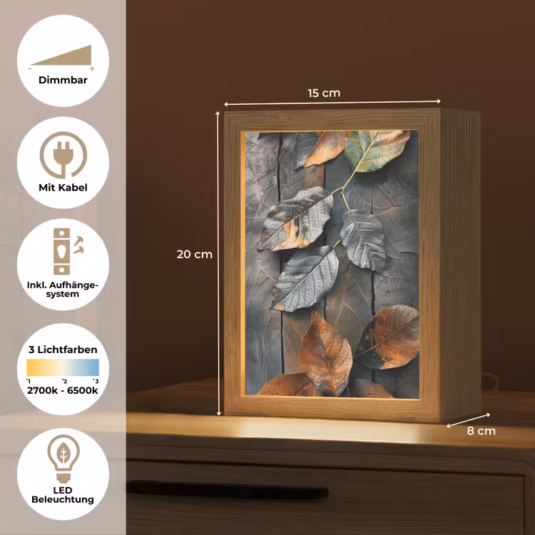 Bladeren - Herfst - Grijs - Natuur Light Box met kabel (Tafellamp) klein -USP_DE