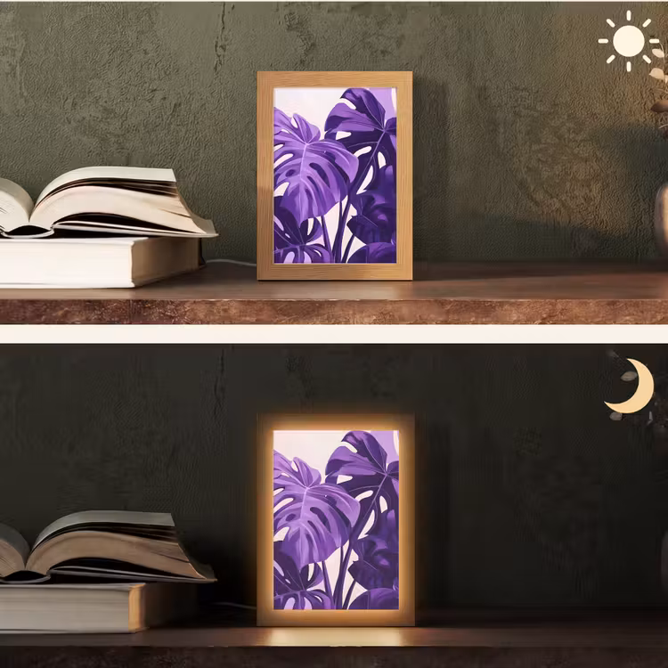 Bladeren - Paars - Tropisch - Abstract Light Box met kabel (Tafellamp) klein -sfeer3