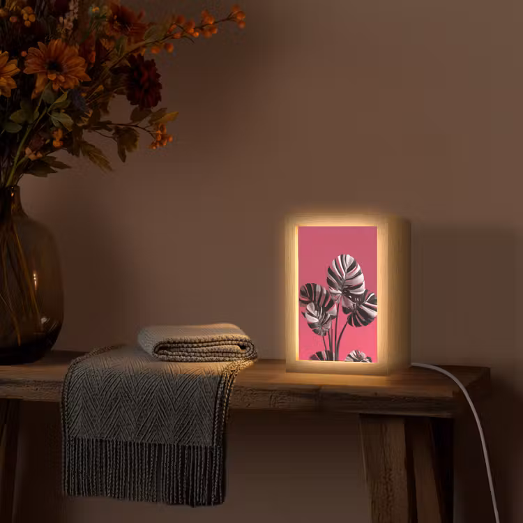 Bladeren - Rond - Roze Light Box met kabel (Tafellamp) klein -sfeer4