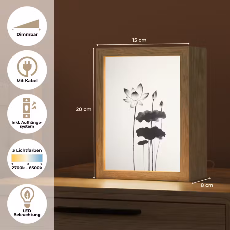 Bladeren - Zwart - Lotusbloem - Minimalitisch Light Box met kabel (Tafellamp) klein -USP_DE
