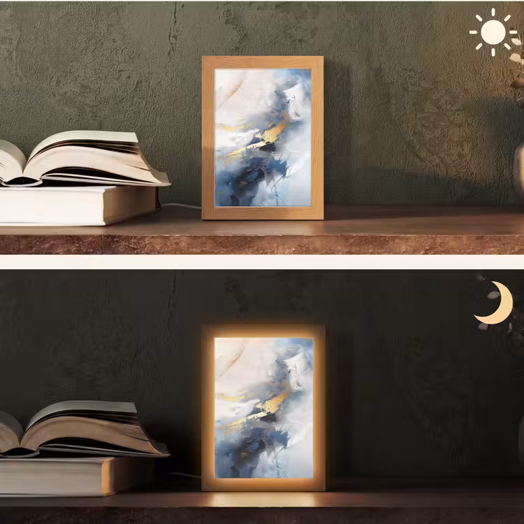 Blauw - Modern - Marmer - Abstract - Goud Light Box met kabel (Tafellamp) klein -sfeer3