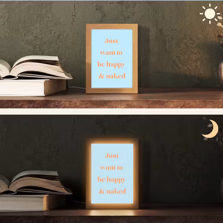 Blauw - Oranje - Just want to be happy & naked Light Box met kabel (Tafellamp) klein -sfeer3