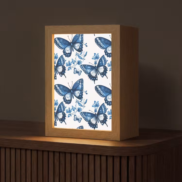 Blauw - Vlinders - Bloemen - Wit Light Box met kabel (Tafellamp) klein 925 -z3d_website
