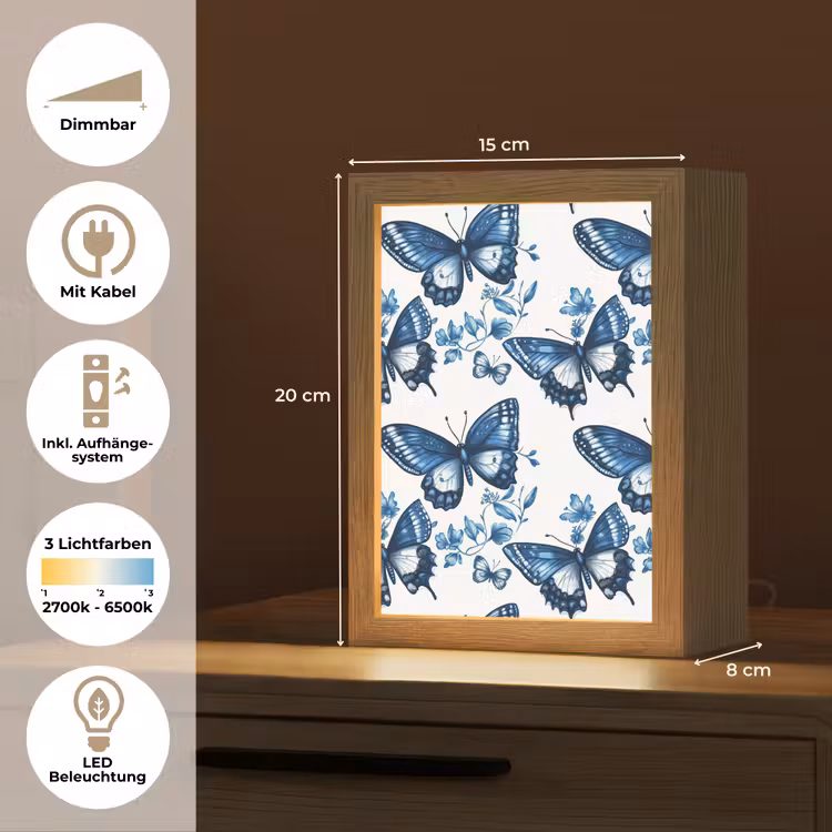 Blauw - Vlinders - Bloemen - Wit Light Box met kabel (Tafellamp) klein 925 -USP_DE