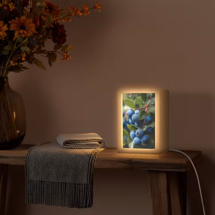 Blauwe bessen - Dauwdruppels - Natuurlijk licht Light Box met kabel (Tafellamp) klein -sfeer4