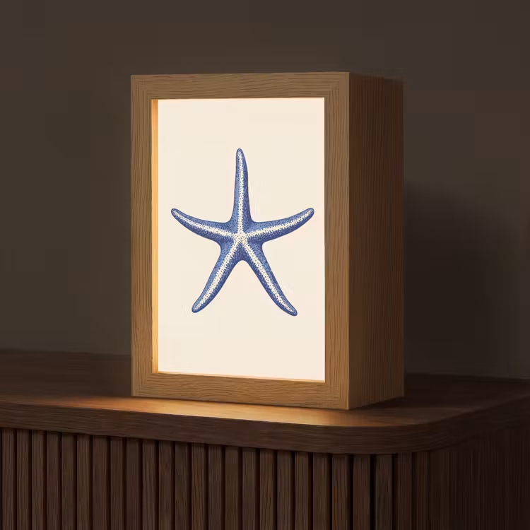 Blauwe zeester - Minimalistisch - Beige Light Box met kabel (Tafellamp) klein -z3d_website