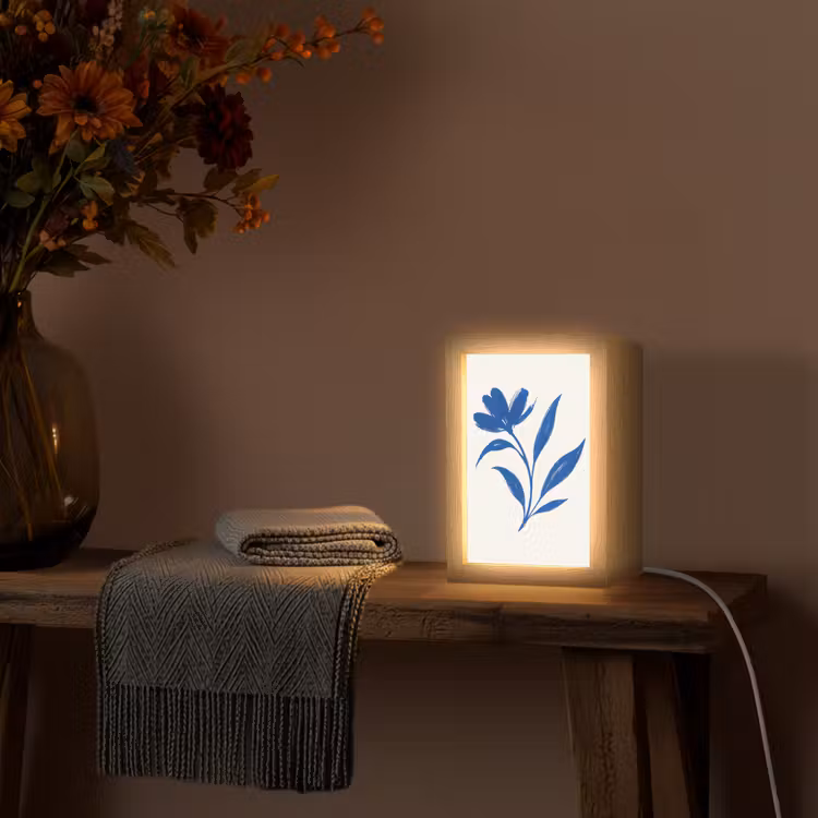Bloem - Blaadjes - Minimalistisch - Blauw Light Box met kabel (Tafellamp) klein -sfeer4